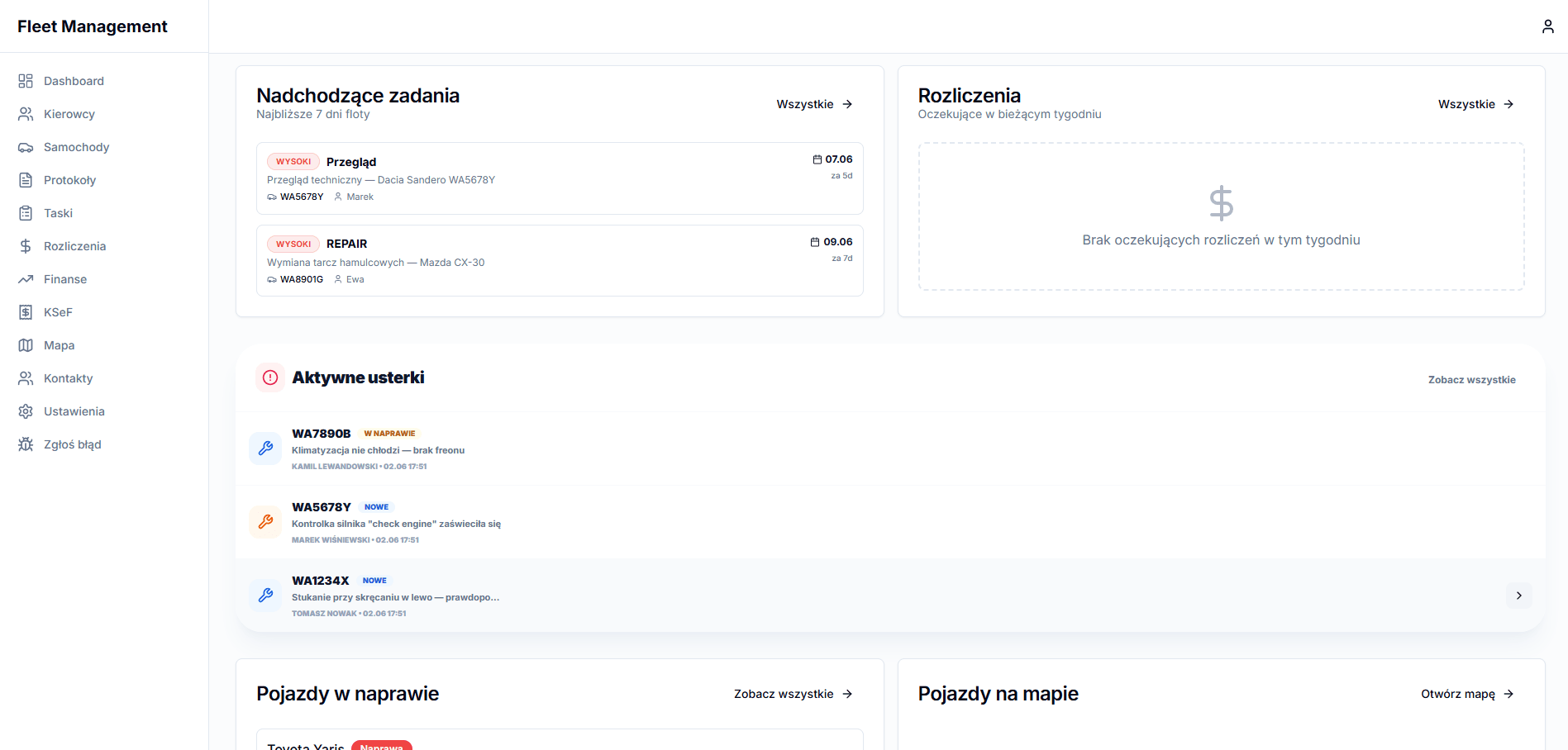 Dashboard TwojaFlota — zadania, usterki, rozliczenia w jednym widoku