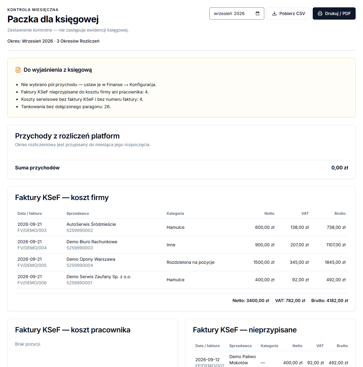 Accountant package with month picker, CSV and print PDF buttons
