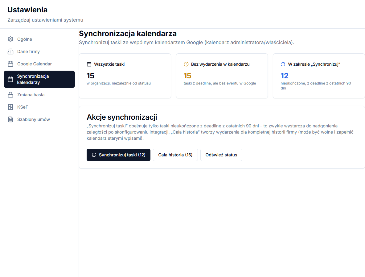 Calendar synchronization screen with counters and a Synchronize tasks button