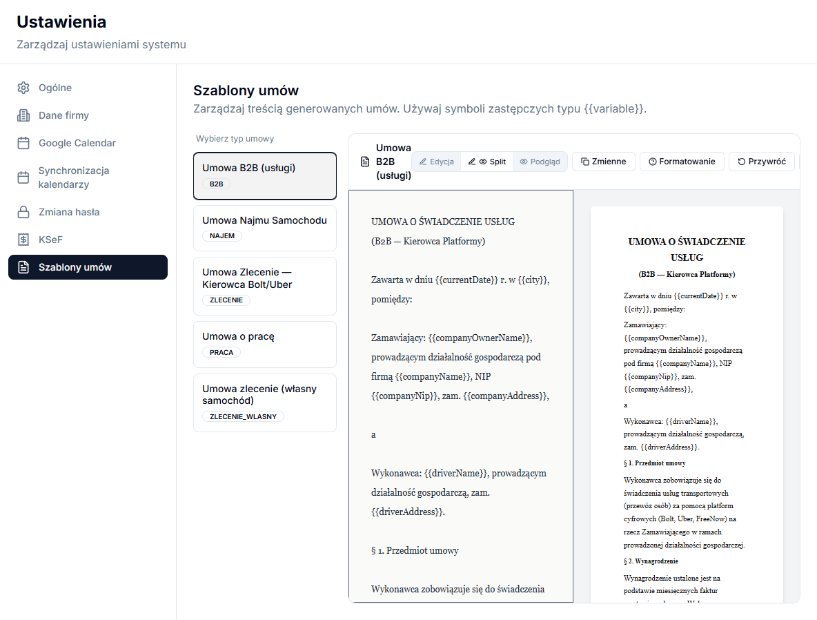 Contract template editor with a live preview and the list of available variables