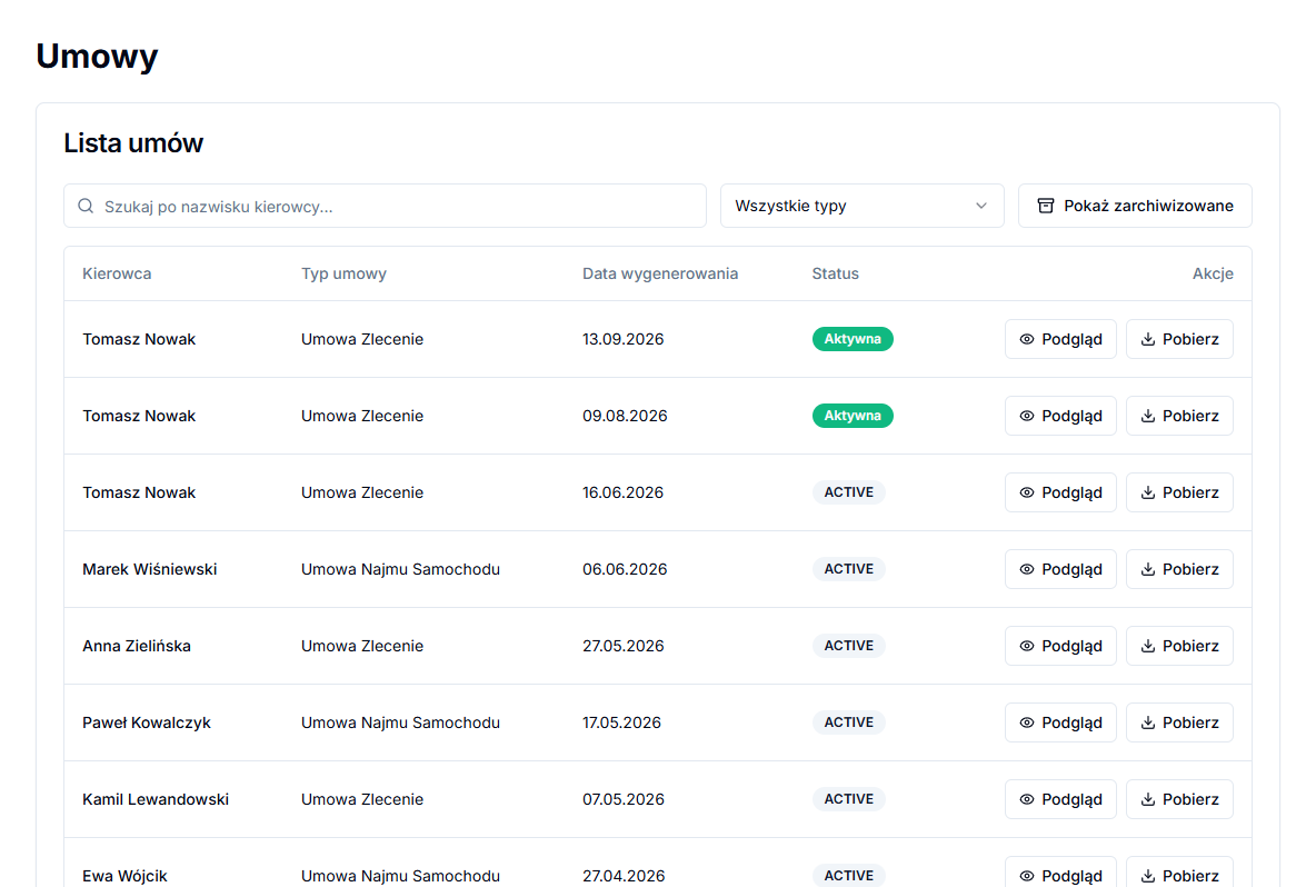 Contract list with a driver search field, contract type filter and Active or Archived status