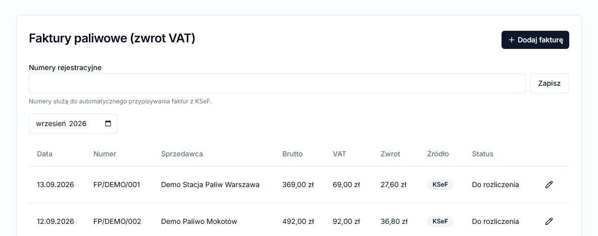 Fuel invoices and VAT refund section on a driver record