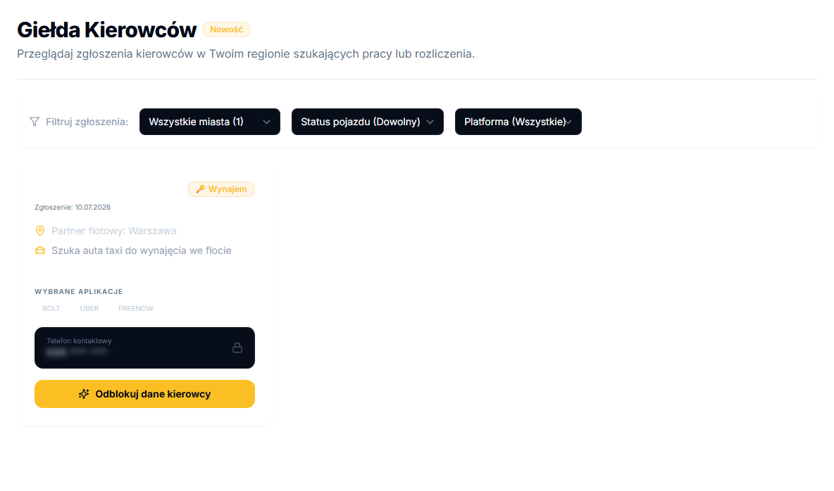 Driver marketplace screen with city, vehicle status and platform filters
