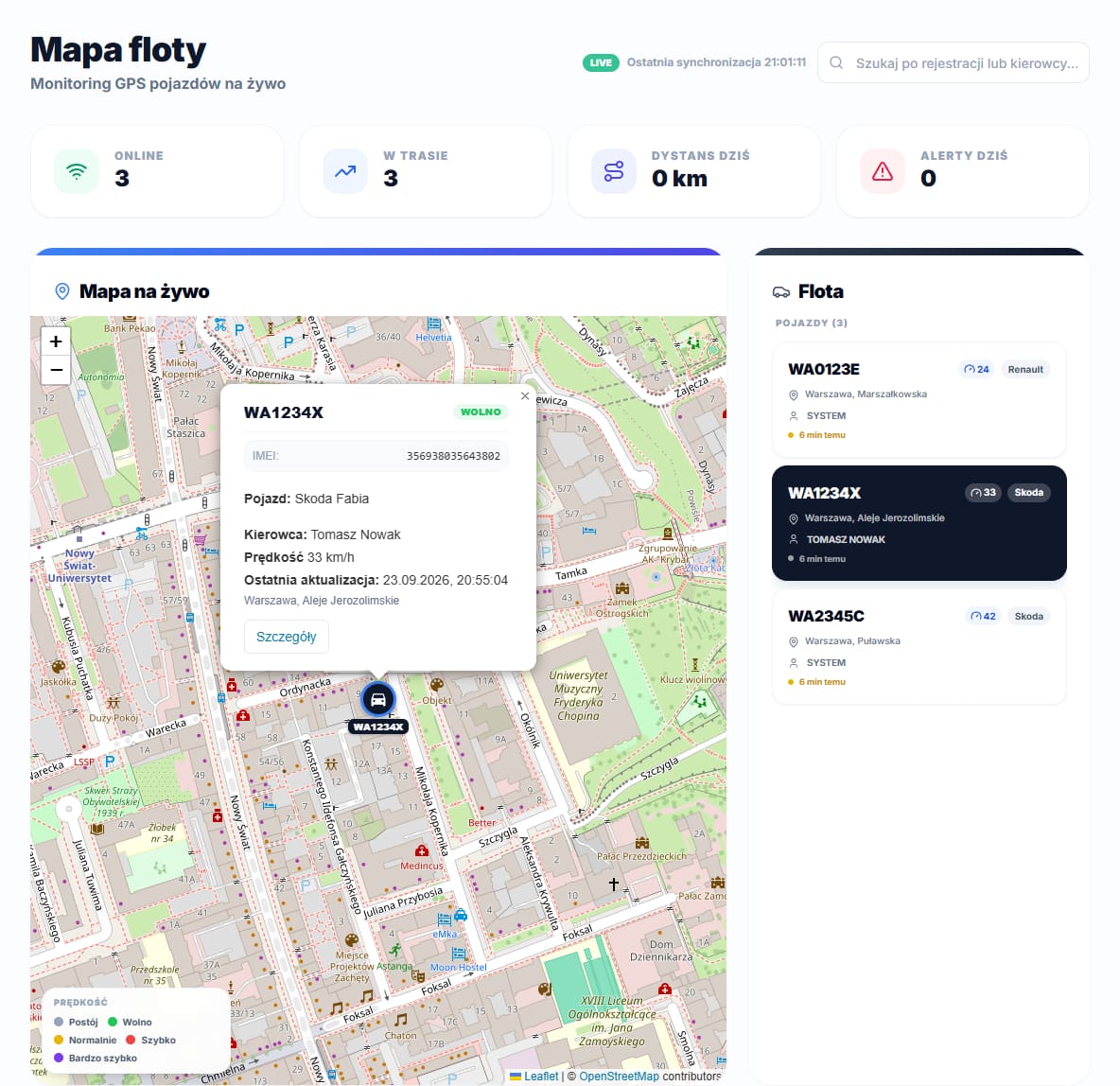 GPS fleet map with vehicle list and status tiles
