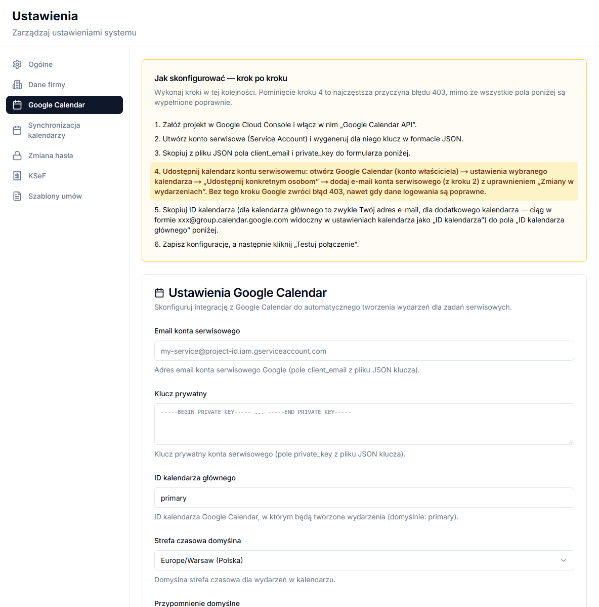 Google Calendar settings with service account fields and calendar ID