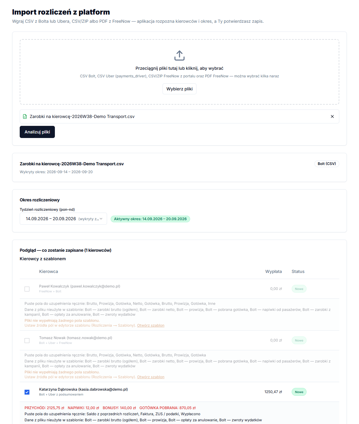 Import preview showing drivers, payouts and save statuses