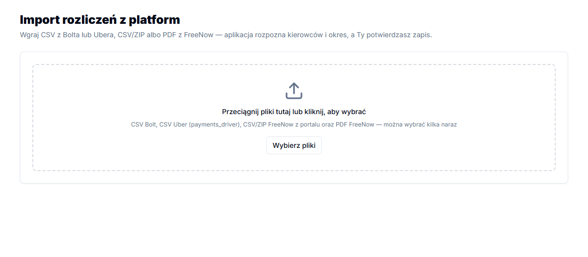 Settlement import screen for selecting Bolt, Uber and FreeNow files