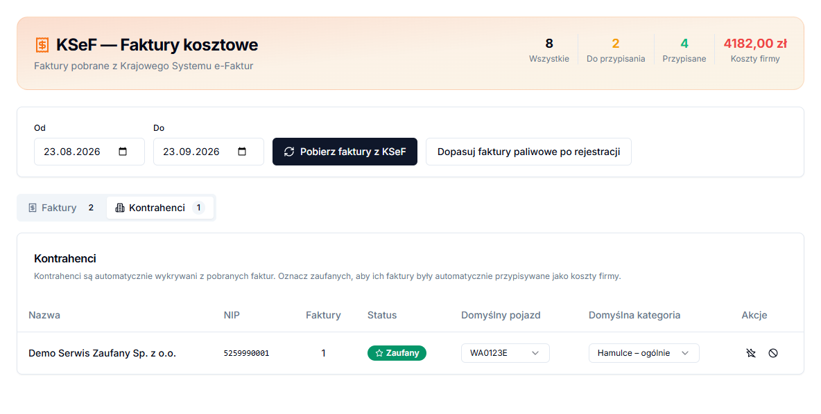 KSeF Contractors tab with default vehicle, category and actions