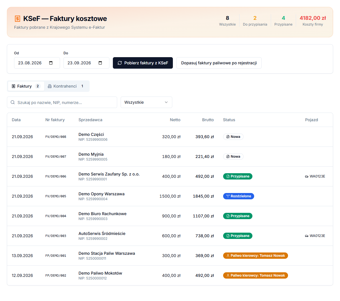 KSeF cost invoice list with date range and fetch button