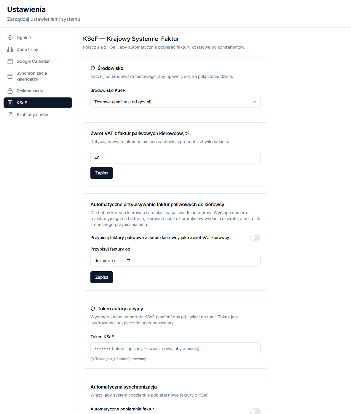 KSeF settings with environment selection and authorization token