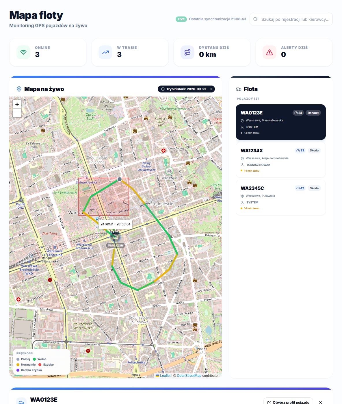 Vehicle route history colored by speed with a trip and stop list