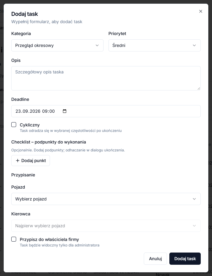Add task dialog with category, deadline and checklist