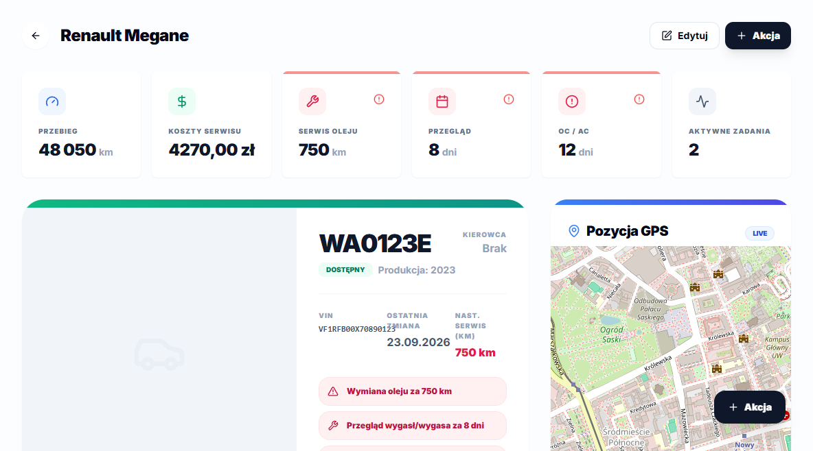 Vehicle profile with mileage, service costs and warnings