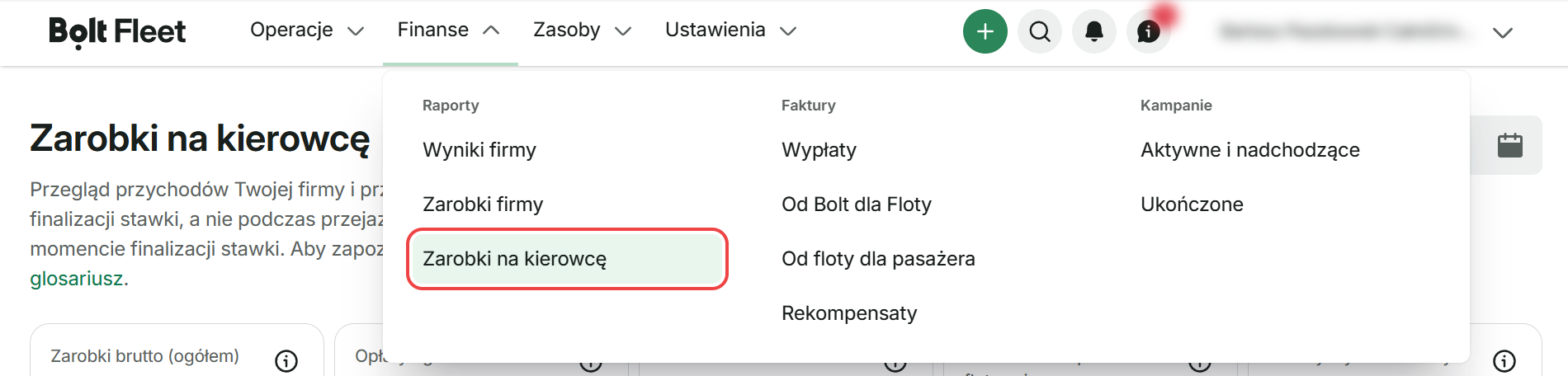 Bolt: Zaloguj się do panelu Bolt Fleet i wejdź w Finanse → Raporty → Zarobki na kierowcę.
