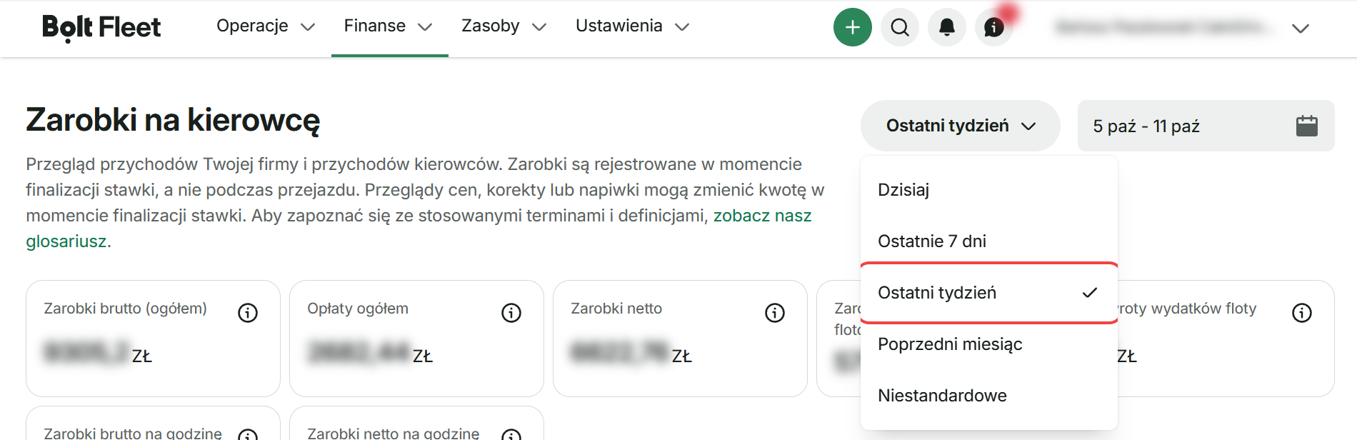 Bolt: W prawym górnym rogu wybierz okres „Ostatni tydzień” (poniedziałek–niedziela).