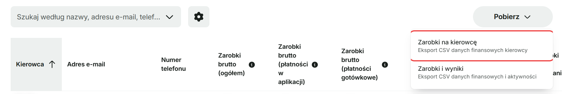 Bolt: Kliknij Pobierz i wybierz „Zarobki na kierowcę” (eksport CSV).