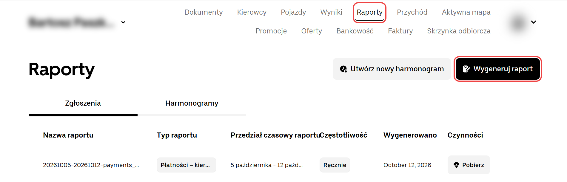 Uber: Zaloguj się do Uber Fleet Hub, wejdź w Raporty i kliknij Wygeneruj raport.