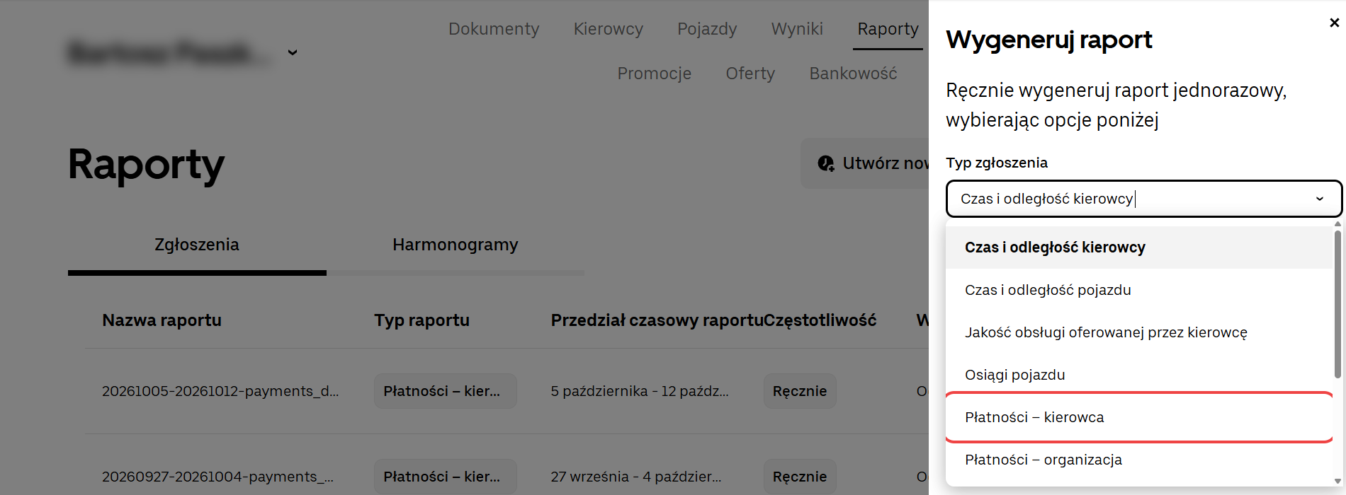 Uber: W polu Typ zgłoszenia wybierz „Płatności – kierowca”.