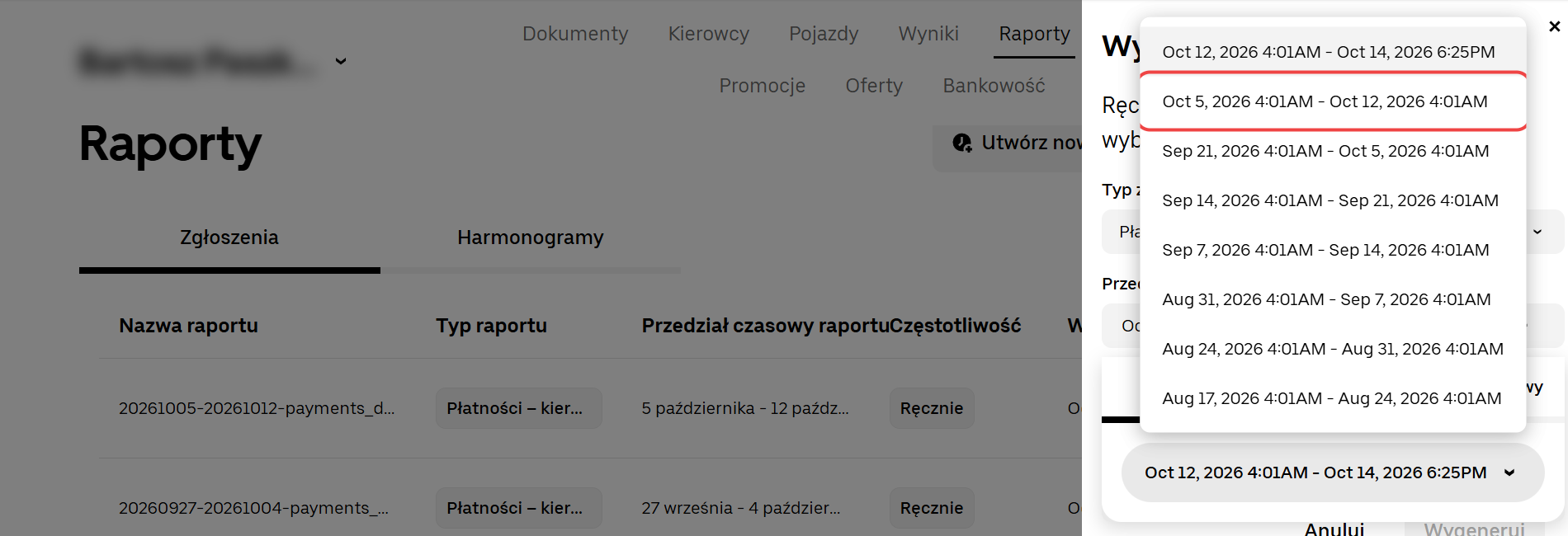 Uber: Przedział czasowy → Okno rozliczenia → wybierz poprzedni tydzień (od poniedziałku do poniedziałku).