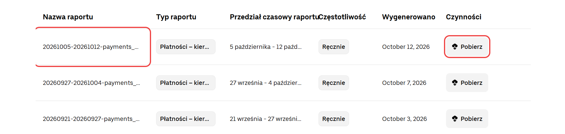 Uber: Po chwili raport pojawi się na liście — kliknij Pobierz.